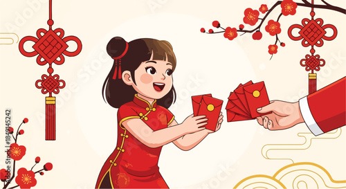 A smiling young girl in a traditional red dress receiving red envelopes with money from an adult hand on a festive background with cherry blossoms and lanterns.
