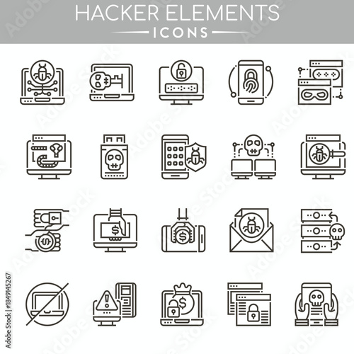 Hacker elements icon set illustrating cybersecurity, hacking, and digital threat concepts.