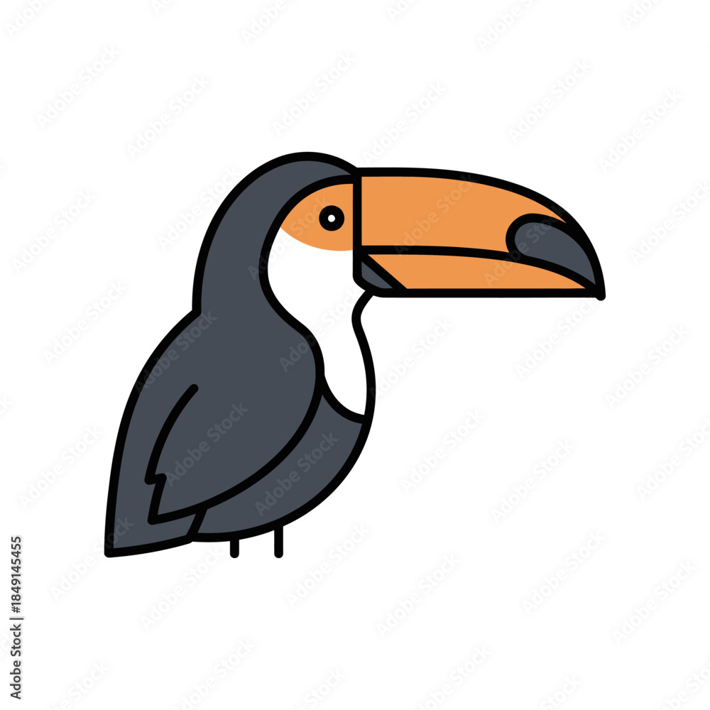 Obraz premium Stylized illustration of a toucan with a dark grey body, white chest, and a prominent orange and black beak, depicted in a simple, flat design.