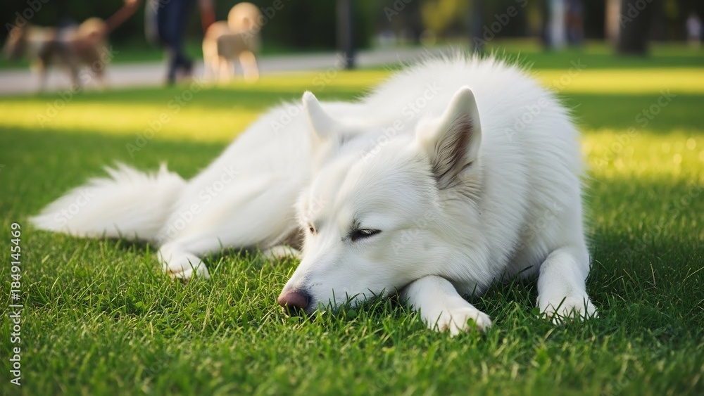 Naklejka premium 白い犬、鮮やかな緑の芝生の上でリラックス。穏やかな雰囲気、自然光が優しく照らす、シンプルで落ち着いた構図。背景にはぼかし。