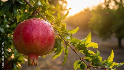 木の枝に実るザクロ、夕暮れの光を浴びて鮮やかなクリムゾンレッドが際立つ、自然の美しさを捉えた風景。