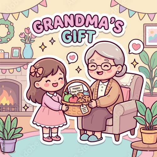 A cute kawaii sticker of a little girl giving a "Happy New Year" gift basket to her grandmother in a cozy home