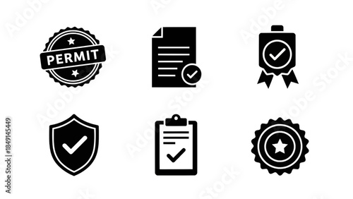 Six various symbols representing approval, permit, and certification, with a check mark as the core element, suggesting guaranteed or confirmed quality. These icons convey ideas of permission.