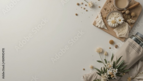 For lifestyle branding purposes, a simple flat lay composition with natural components, muted colors, and a tidy appearance