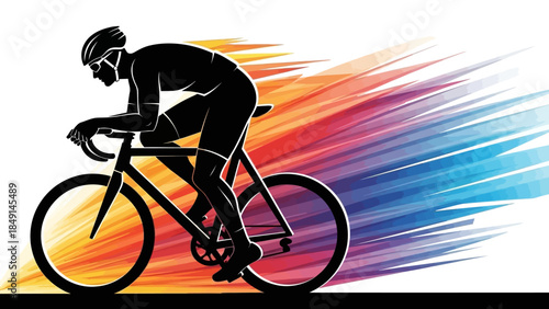 Dynamic cyclist silhouette with vibrant streaks capturing motion and speed