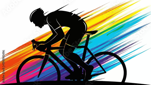 Dynamic silhouette of a cyclist racing through vibrant rainbow streaks in an energetic and