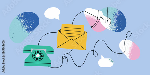 Communication methods depicted telephone letter speech bubbles and digital icons