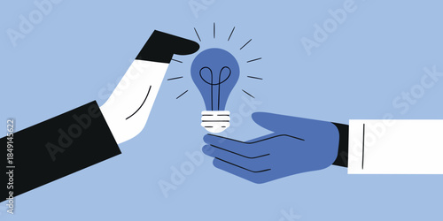 A hand offering a glowing light bulb to another representing an idea