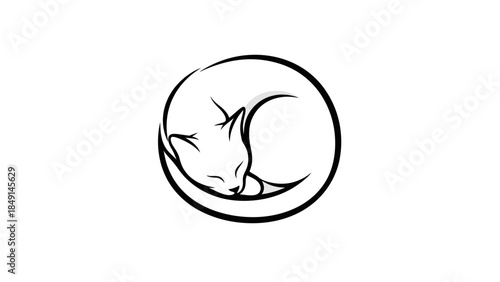 Minimalist Line Art Illustration of Sleeping Cat Encased in a Circle
