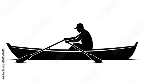 Silhouette of a person rowing a small boat on calm waters in minimalistic black and white style