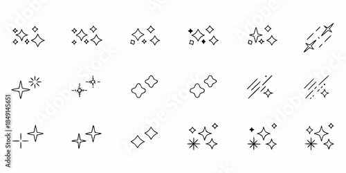 Collection of delicate hand drawn style sparkle and star icons in black and white