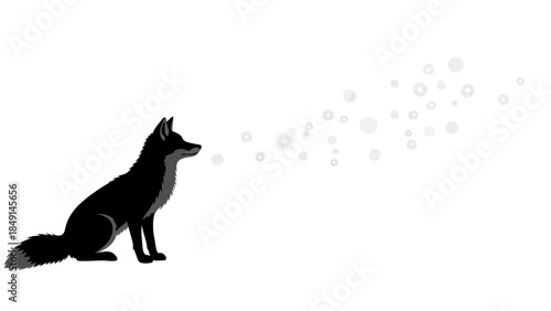 Silhouette of a dog in profile sitting calmly with bubbles emanating from its mouth against a