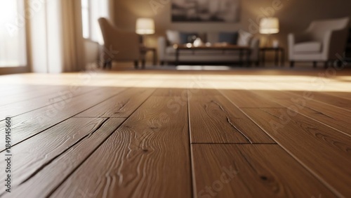 木目のフローリングが作り出す温もりと、柔らかな自然光が差し込むリビングルームの心地よい雰囲気。