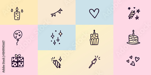 Colorful grid displaying various party and celebration themed line art icons