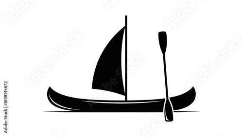 Minimalist black and white silhouette of a traditional canoe with paddle
