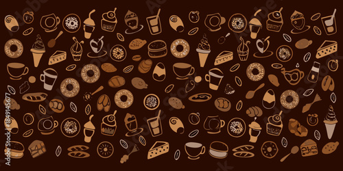 A delightful assortment of hand drawn coffee desserts and sweet treats pattern