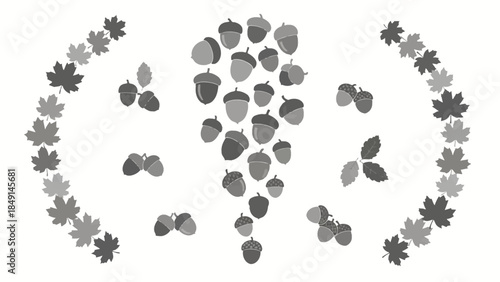 Minimalist Monochrome Design Featuring Acorns and Leaf Borders for Nature-Themed Artwork