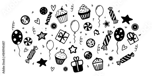 A collection of hand drawn birthday party elements scattered in a circular arrangement