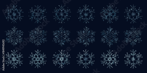 A collection of detailed blue snowflakes arranged in a grid pattern