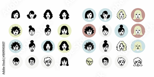 Diverse collection of illustrated portraits with varying hairstyles and circular frames