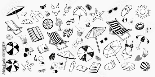 A playful collection of hand drawn summer icons and beach essentials in black and white