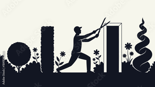 Silhouette of a person wielding large scissors cutting through nature-inspired elements
