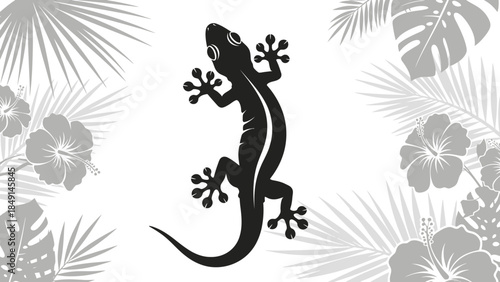 Stylized black silhouette of a gecko climbing amidst tropical palm leaves and hibiscus flowers in