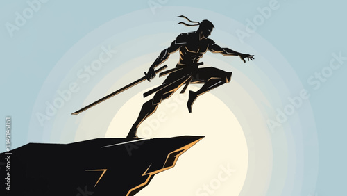 Dynamic silhouette of a warrior in mid-air action pose with a sword against a subtle sky