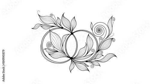 Elegant Black and White Floral Abstract Line Art Featuring Swirling Petals and Curved Leaves for