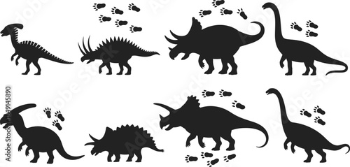 Black and white silhouette of various dinosaurs and their footprints