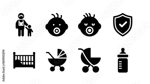 Baby care icon set in black and white, depicting essential elements for infant care and protection