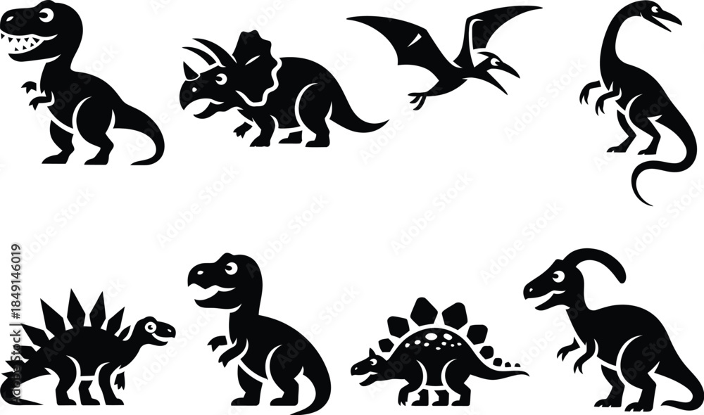 Fototapeta premium Eight black cartoon dinosaurs in various poses
