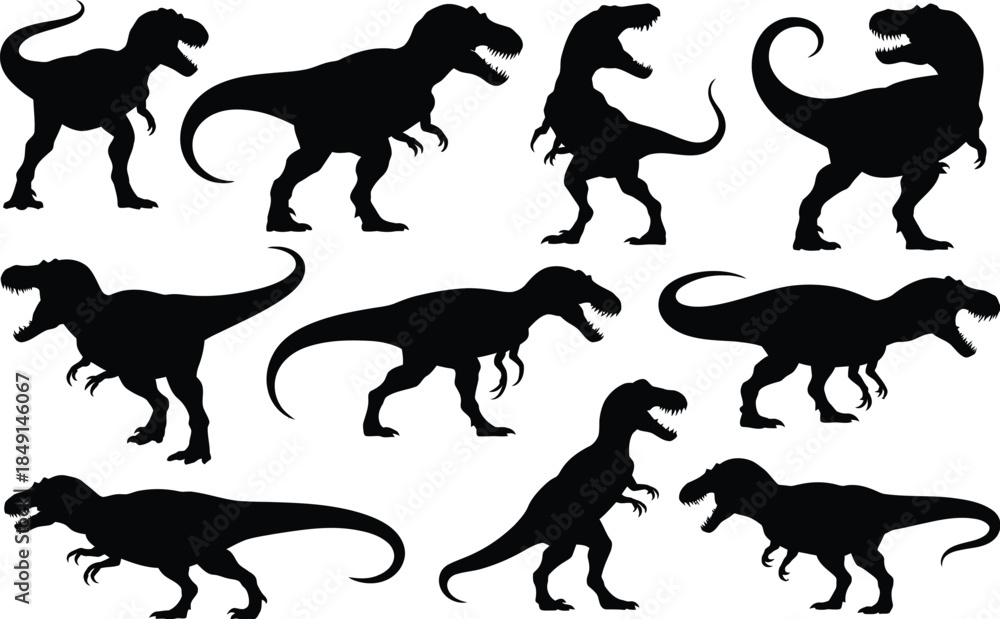 Fototapeta premium Eight Black Silhouettes of Dinosaurs on White Background