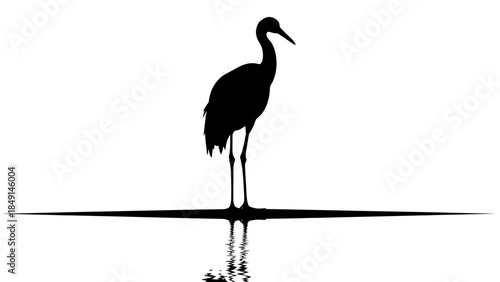 Silhouette of a graceful heron standing on a thin shoreline with reflected water in a minimalistic