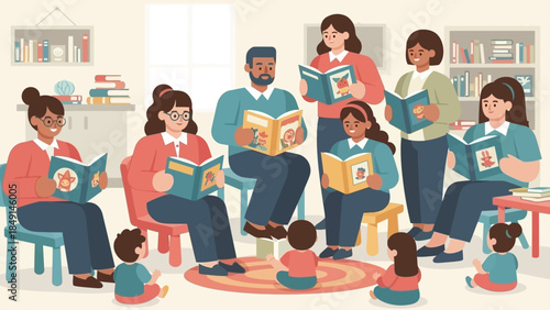 Children and adults engaged in a group reading session in a cozy library setting with bookshelves