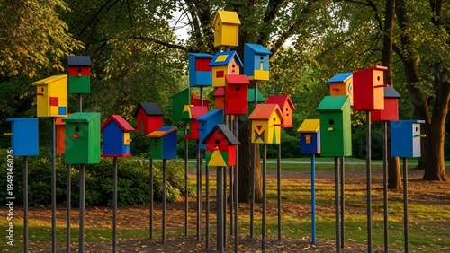 カラフルな鳥の巣箱が、緑豊かな公園に点在し、楽しげな雰囲気を醸し出す、自然と調和した風景。
