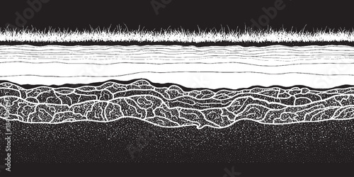 Abstract representation of layered geological strata with organic patterns.