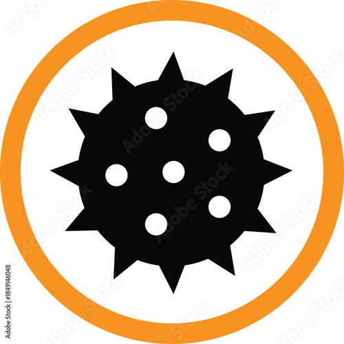 Black spiky virus microbe icon inside an orange warning circle symbolizing infectious disease danger