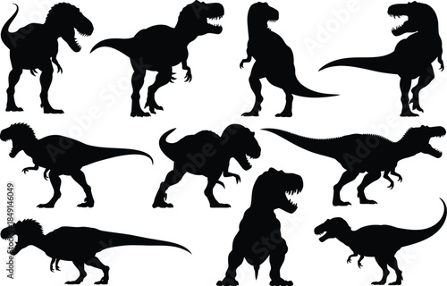 Eight Black Silhouettes of Dinosaurs on White Background 1