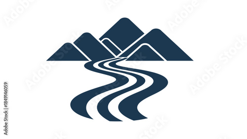 Minimalist abstract landscape with flowing river and mountain silhouettes for remote outdoor