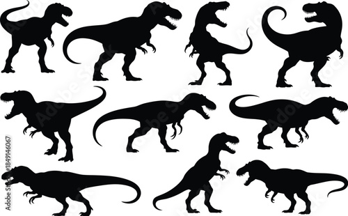 Eight Black Silhouettes of Dinosaurs on White Background