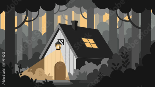 cozy isolated cottage nestled in a dense dark forest with smoke rising from chimney