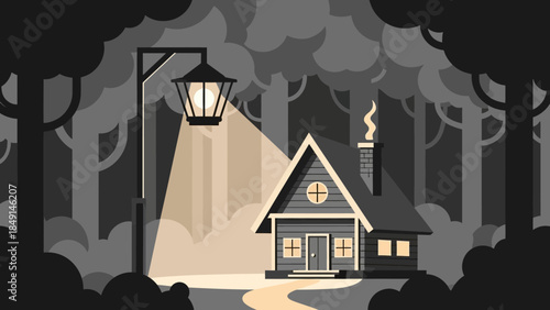 cozy cabin illuminated by streetlamp amidst dark dense forest with smoky chimney scene