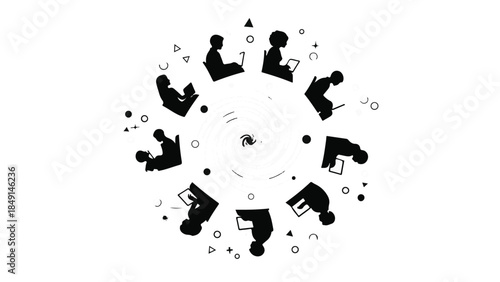 Diverse group of people in circular formation with creative symbols