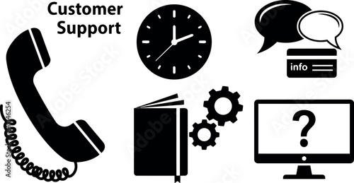 Black icons set of communication customer support with telephone clock speech bubbles info and question mark computer screen
