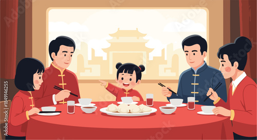 Illustration of a family in traditional Chinese clothing sitting around a table with food and tea in a room with a cityscape view.