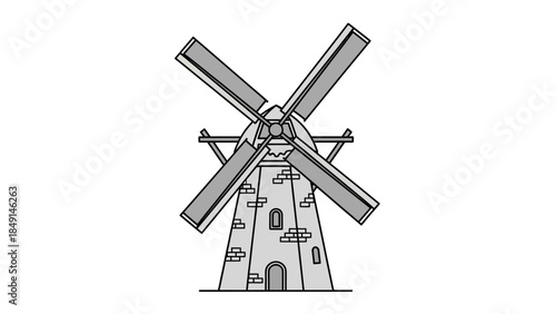 Minimalist Line Drawing of a Traditional Windmill with Rotating Blades and Stone Tower Structure