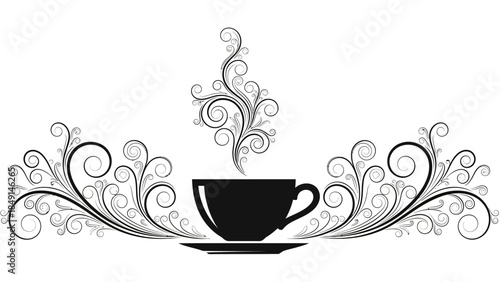 Elegant coffee cup with intricate swirling decorative patterns and steam rising in stylized design