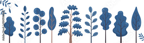 Abstract blue icicle illustration with natural elements like branches, leaves, birds, and floral patterns on a clean background