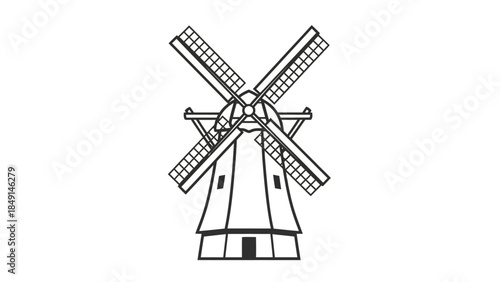 Minimalist line art of traditional windmill with detailed blades and structure illustration